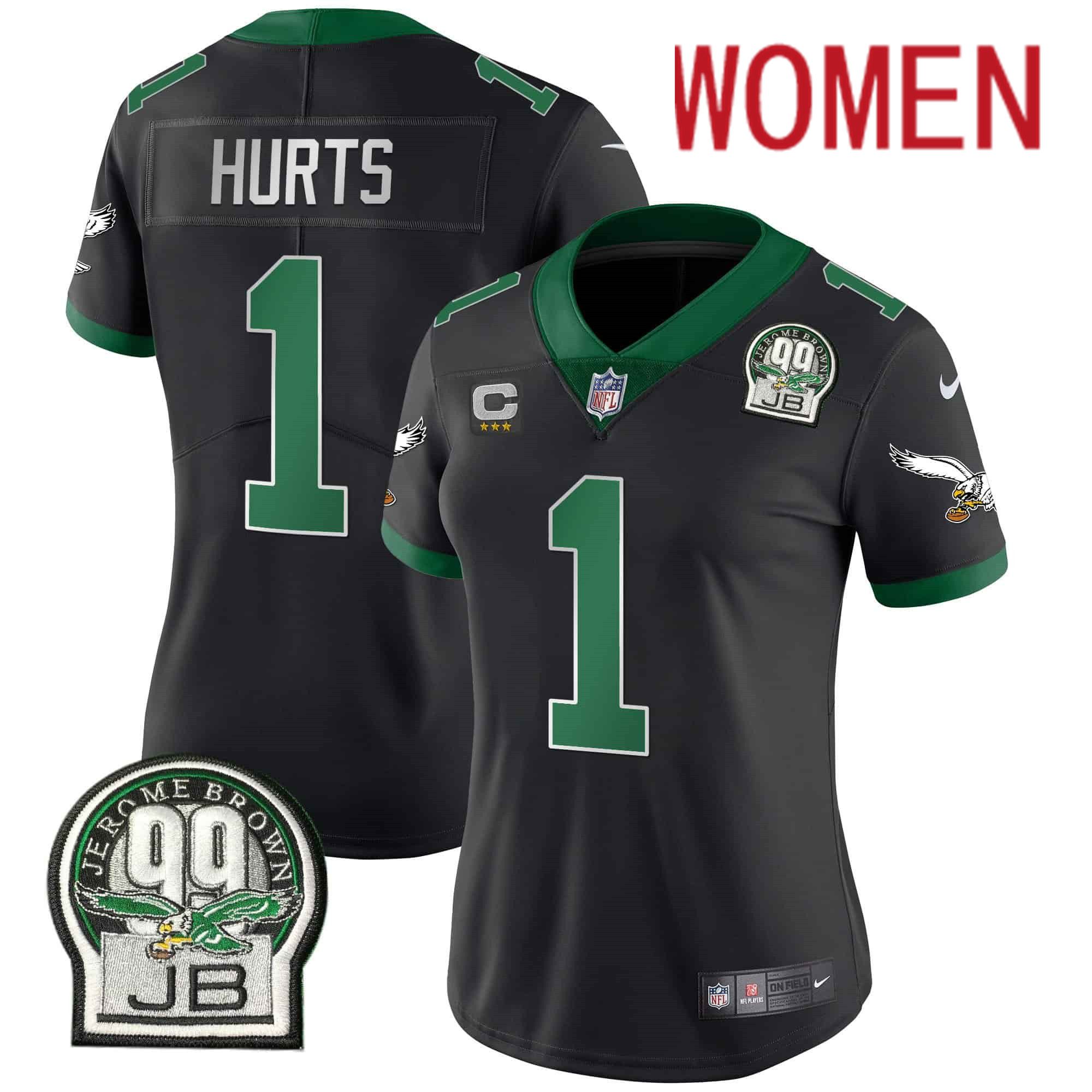 Women Philadelphia Eagles 1 Hurts Black 2024 Nike Jerome Brown Patch Alternate Limited NFL Jersey style 1